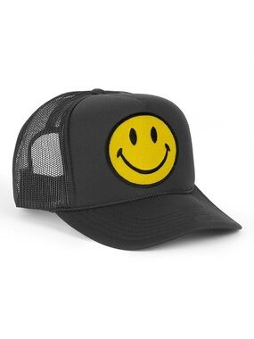 Aviator Nation Black Trucker Hat with Yellow Smiley Patch